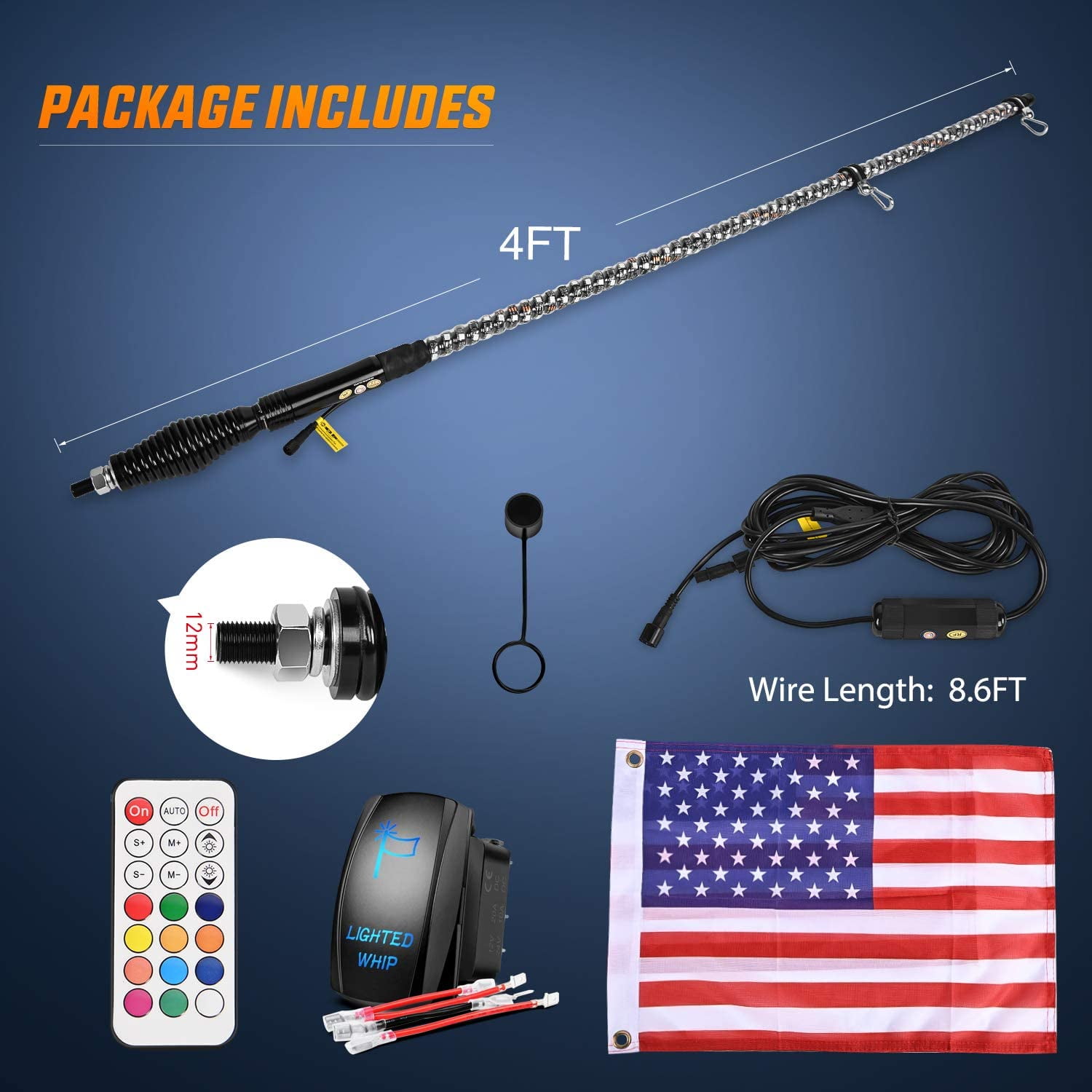 Nilight 4ft RGB LED Spiral Whip Light RF Remote Spring Base Fits Can-Am ATV UTV