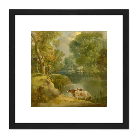Style Of Gainsborough Riverside Landscape Painting 8X8 Inch Square Wooden Framed Wall Art Print Picture with Mount