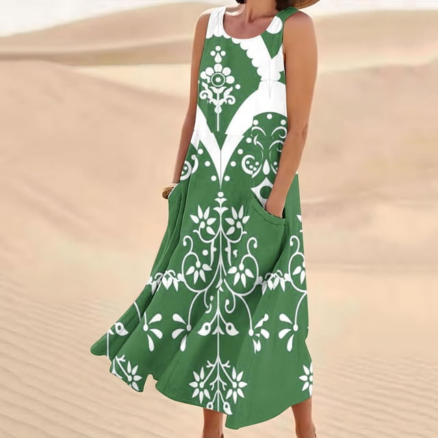 FcBaudy Robe Sans Manches à Col Rond, Robes d'Été pour Femmes, Robes pour Femmes Robe Longue Sans Manches en Lin Imprimée avec Poche