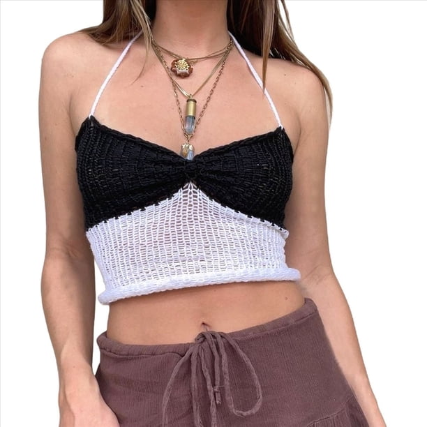Tops de Crochet con Cuello Halter para Mujer, Camisetas Sin Mangas de Punto, Camisola Corta de Verano Y2K, Chaleco. Negro S