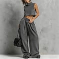thumbnail image 4 of mihongmao Summer 2 Piece Sets For Women Dressy Club Outfits Women Turtleneck Sleeveless Crop Top 2 Piece Outfit Casual Loose Wide Leg Sweatpants Set With Pockets Gray M, 4 of 5
