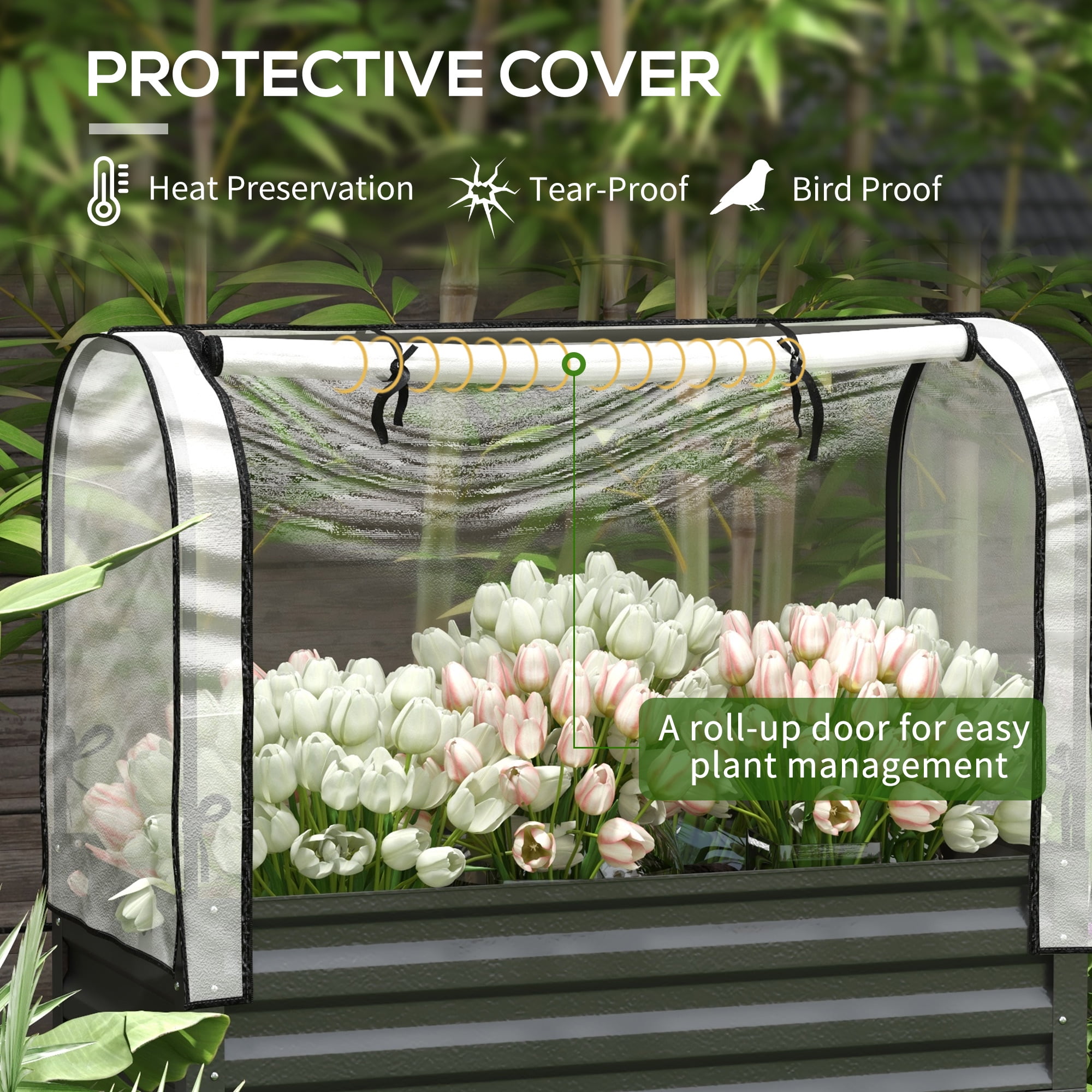 Outsunny Raised Garden Bed with Cover and Storage Shelf, Rectangular Metal Elevated Planter Box with Legs and Bed Liner, Black