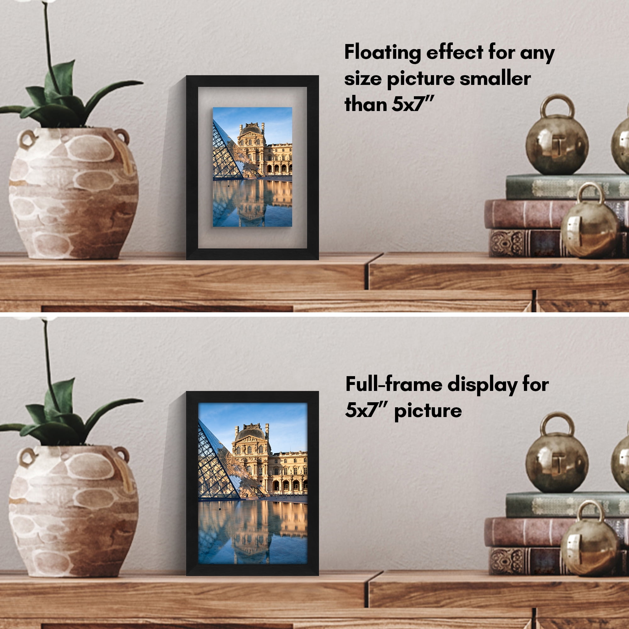Americanflat 5x7 Picture Frame Floating Polished Crystal Clear Glass with 3x5 Mat Display Photo Signature Float - Black