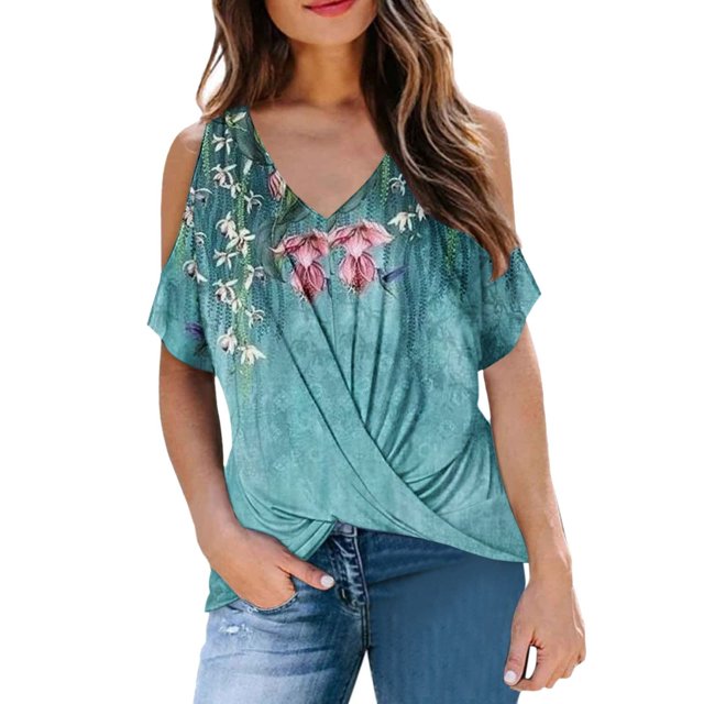 Blusa informal de manga corta con cuello en V y hombros descubiertos para mujer Pompotops hkajfhjk468429