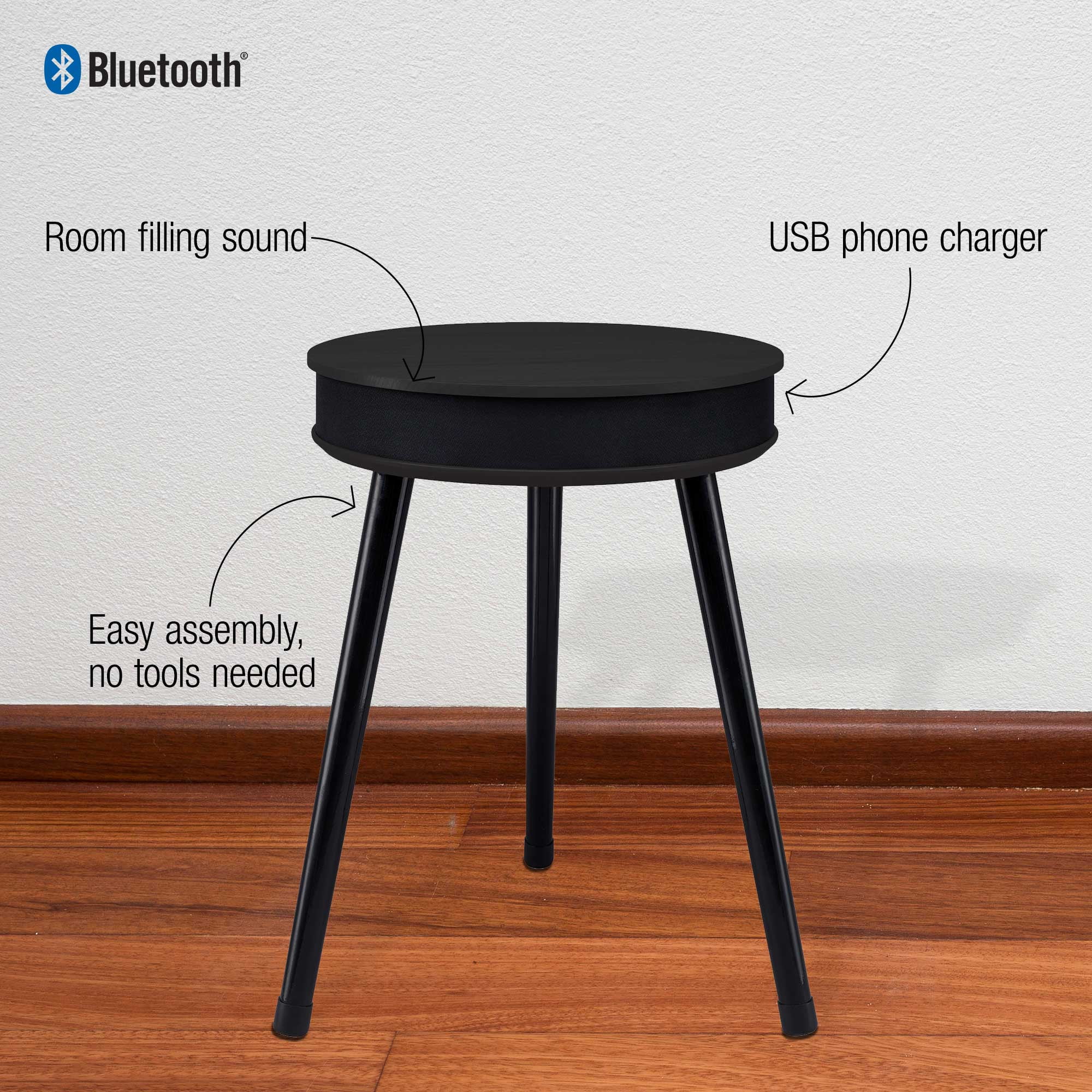 DecorTech Round End Table with Bluetooth Speaker and USB Charging Port, Black