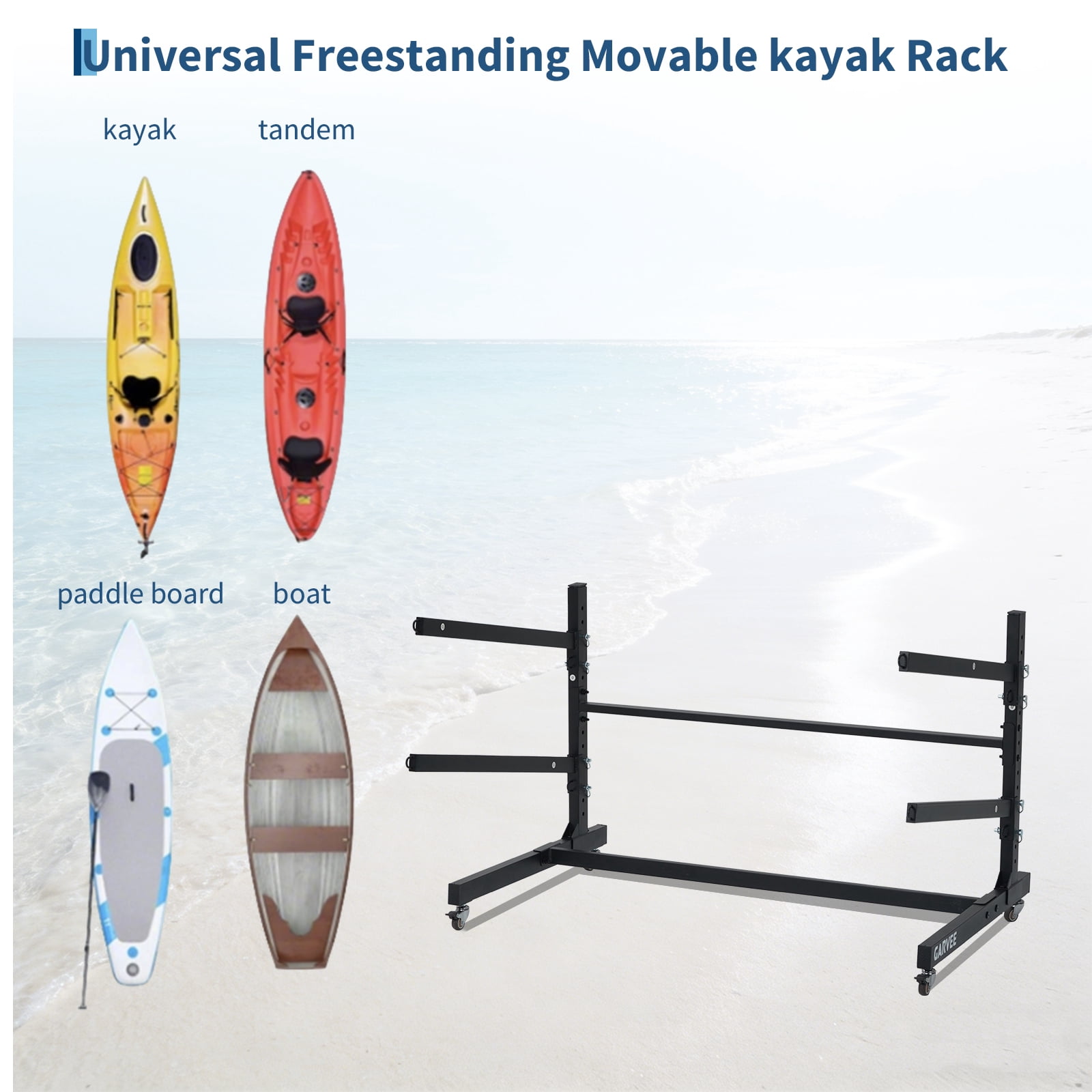 Kicctian Steel Kayak Storage Rack with Wheels, 200 lbs Capacity, 2-Tier Adjustable Heavy Duty Stand for Kayaks, Canoes, SUPs, Surfboards