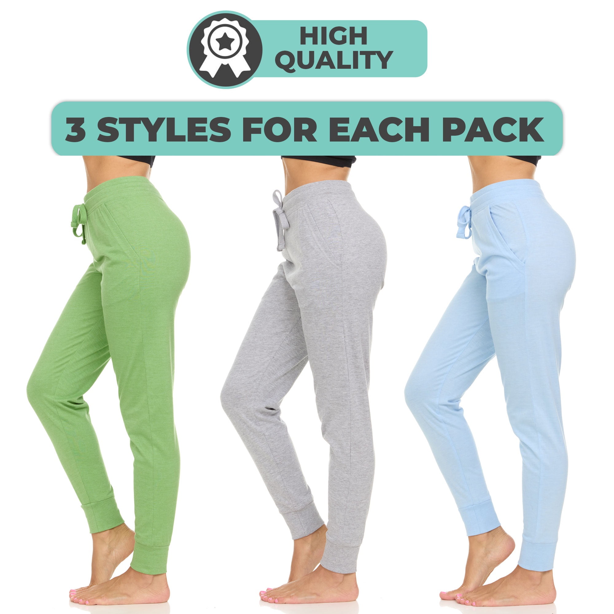 Womens Running Workout Yoga Leggings with Pockets and Ealstic Cuff, Pack of 3 Up to XXL