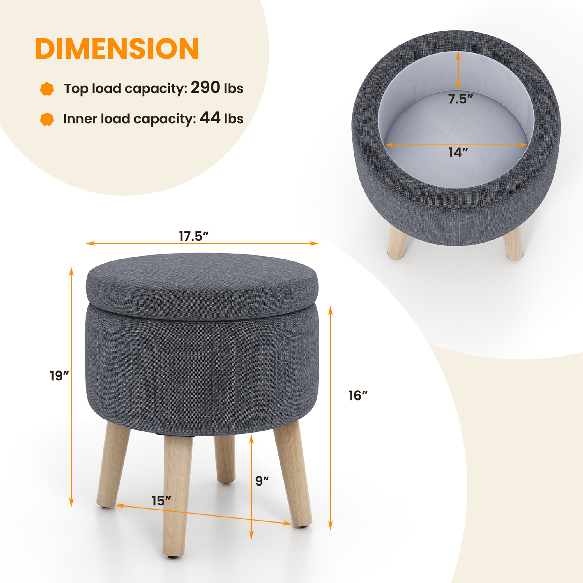Costway Round Storage Ottoman Accent Storage Footstool with Tray for Living Room Bedroom Grey - image 3 of 10