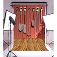 thumbnail image 2 of GreenDecor 5x7ft Photography Background Vintage Wooden Barn Wall Interior Farm Tools Spade Rakes Plowing Iron Rusty Saw Red Wall Weathered Yellow Floor Scene Background Children Farmer Adult, 2 of 4