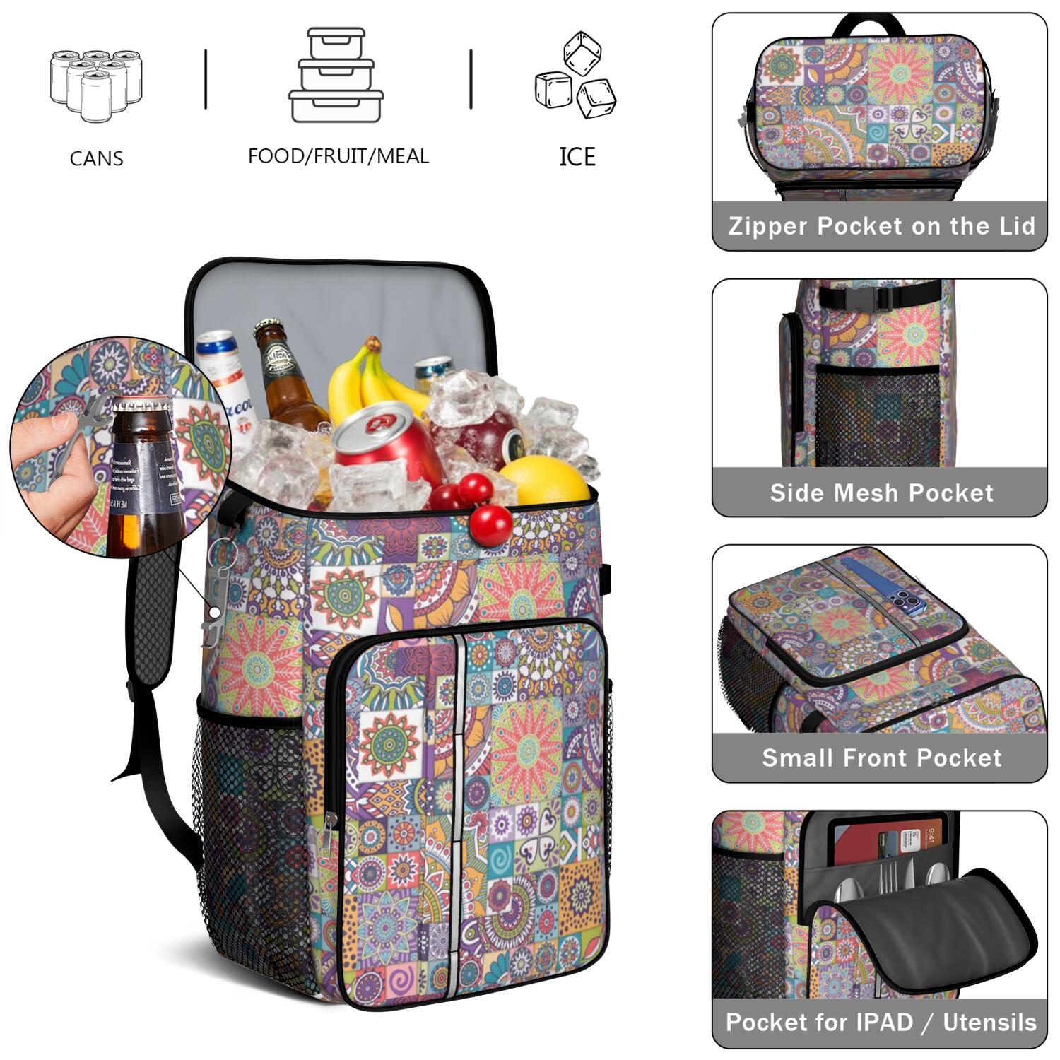 Travel Cooler Bag - Boho Bohemia Flower Camping Beer Cooler Backpack with Bottle Opener- Waterproof Insulated Picnic Backpacks - Cooler Bag for Beach