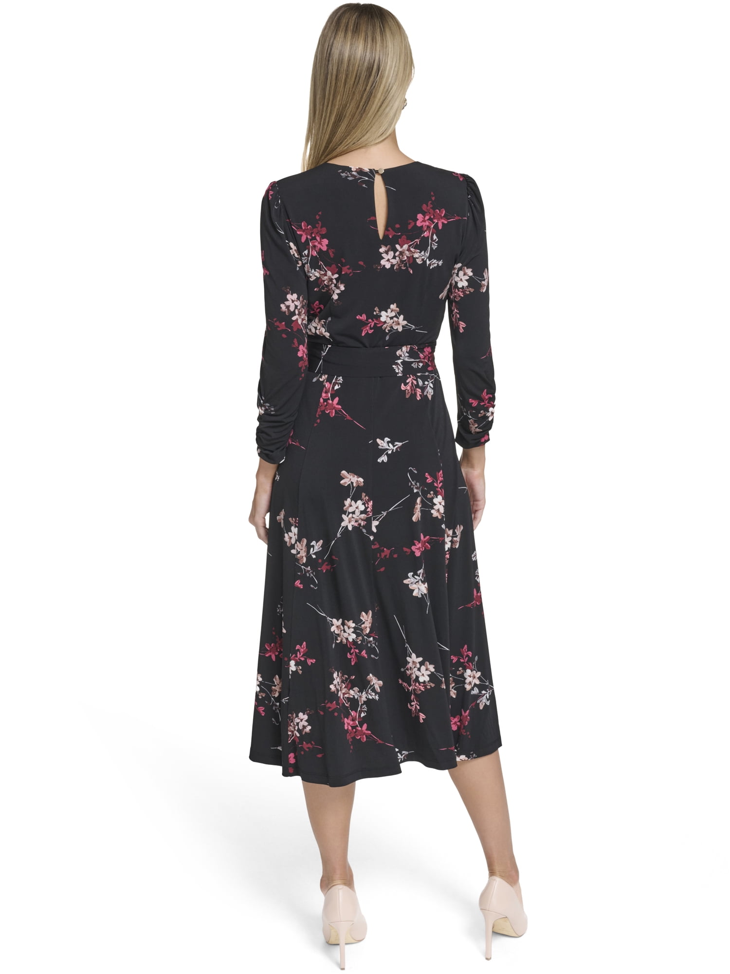 Falling Flowers Women's 3/4 Sleeve Belted Midi Dress, Sizes XS-XL