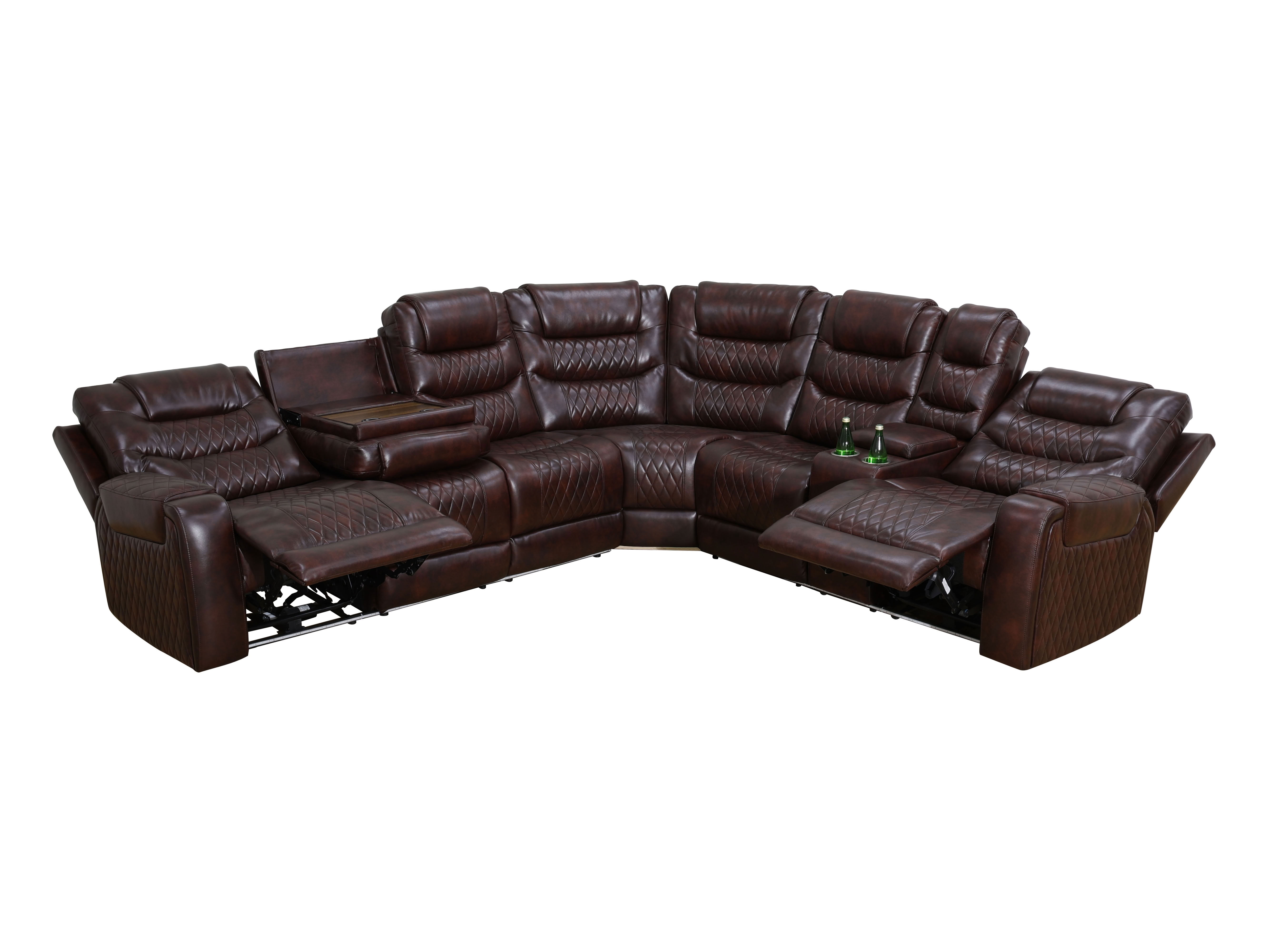 MAYEERTY 6-Seater Recliner Sectional Sofa Set, Leather Reclining Couch with LED Lights, USB & Storage for Living Room, Home Theater