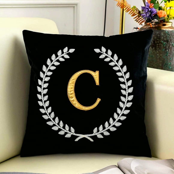 Luxury Monogrammed Velvet Cushion Cover - Custom Embroidered Square Pillowcase - Elegant Decorative Throw Pillow - 18 Inch - Black Velvet Cover
