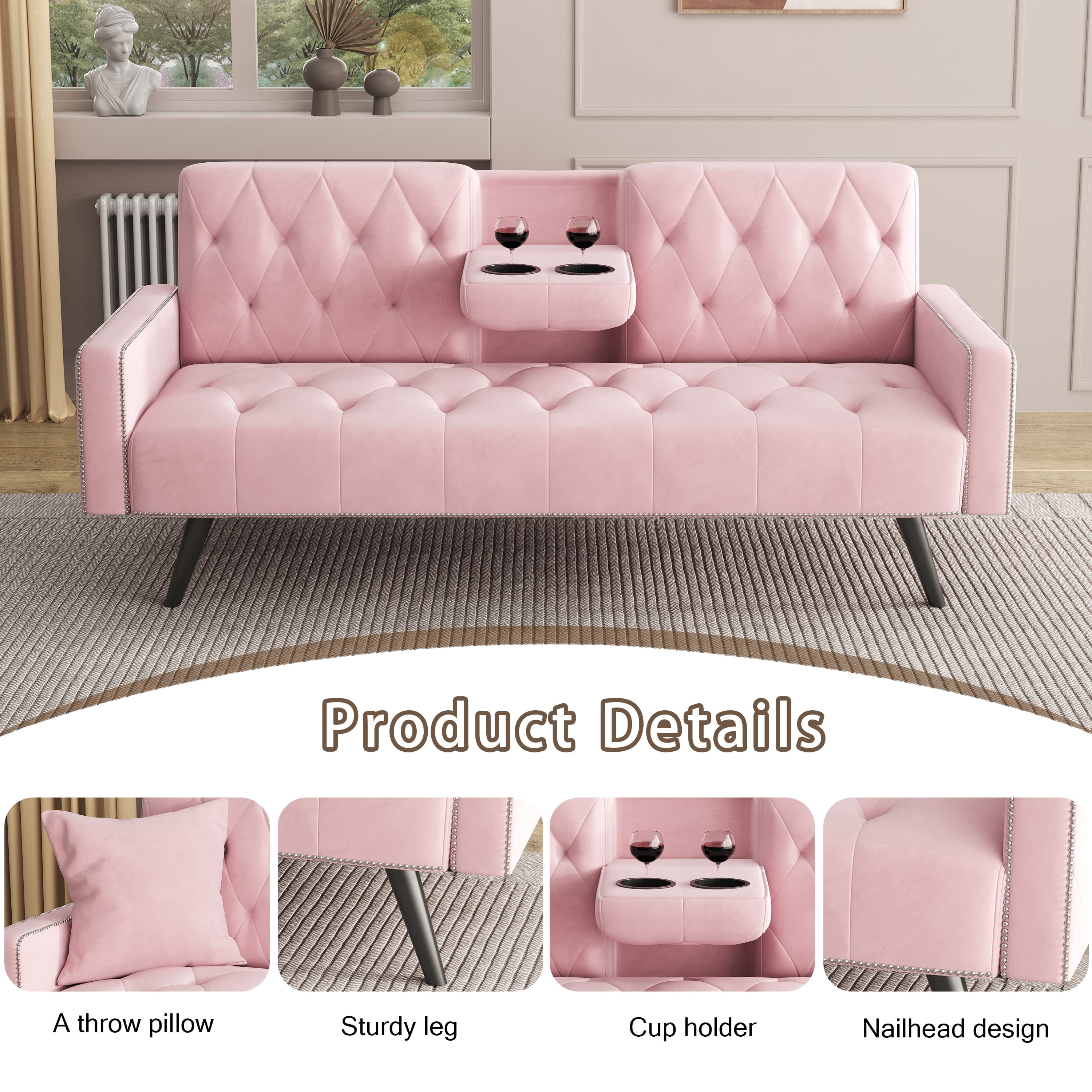 MAYEERTY 72" Sofa Bed Velvet Sofa Couch with 2 Cup Holders for Small Spaces, Pink
