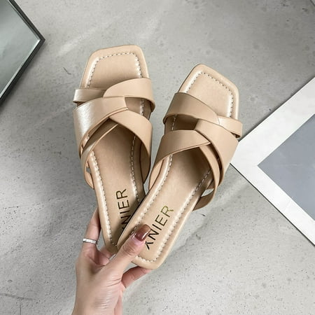 

Dezsed Womens Flat Slide Sandals Flat-heeled Square Head Sandals Wear One-line Slippers Breathable Shoes Khaki 37 on Clearance