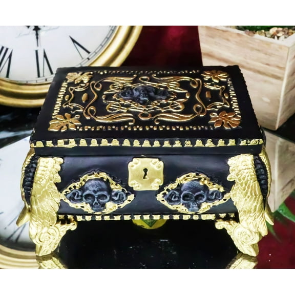 5"L Nautical Sea Pirate Black And Gold Skull Small Treasure Chest Decorative Box