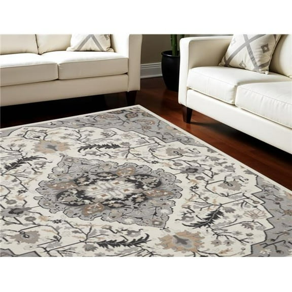 HomeRoots 551371 9 x 12 ft. Floral Medallion Non Skid Rectangle Area Rug, Ivory, Black & Gray