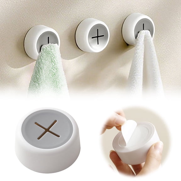 Round Push Towel Hooks Self Kitchen Bathroom Hanger Strong Hold No Drilling Required Easy Stainless Steel Organization