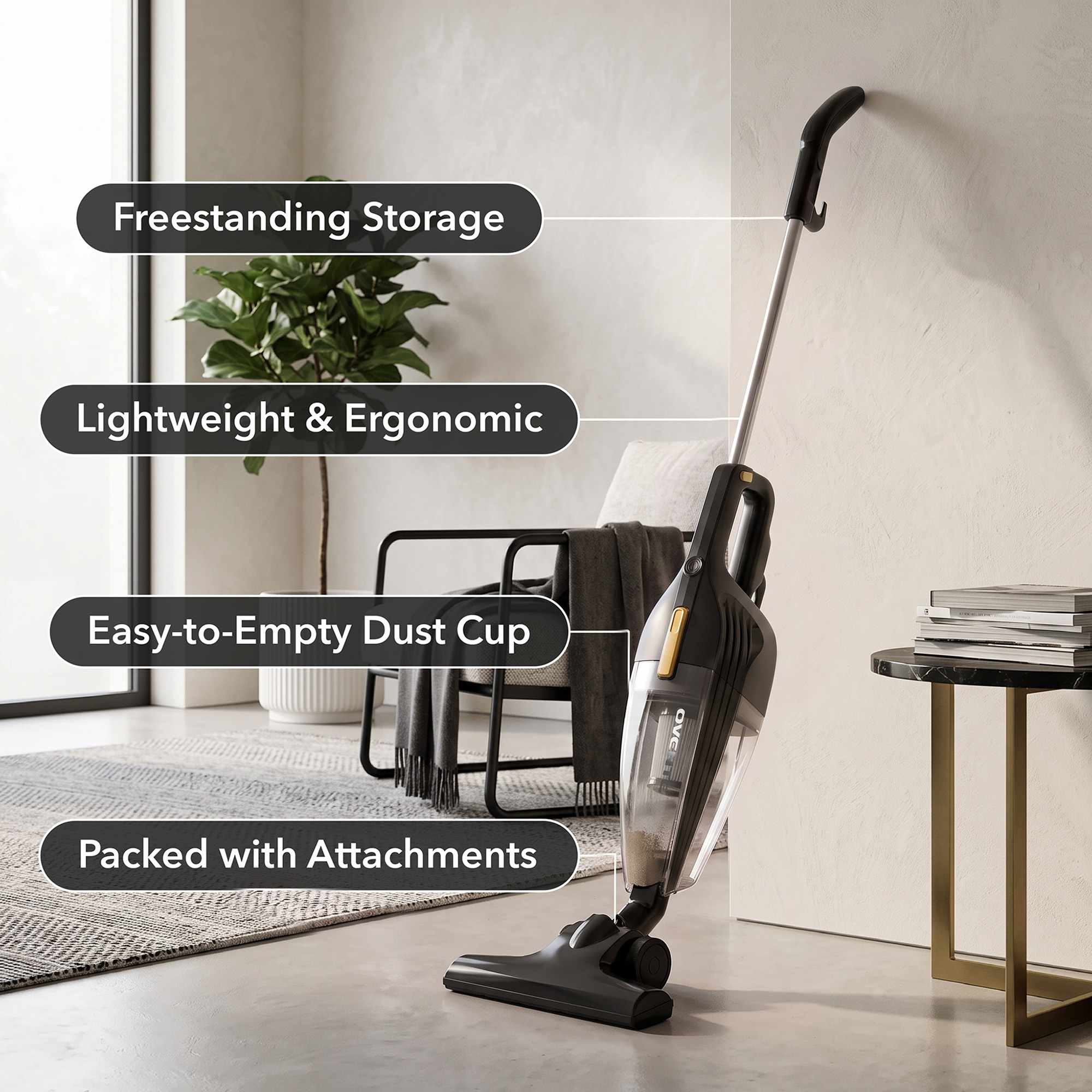 OVENTE Electric Corded Stick Vacuum, 600W Motor, Black ST101BGD | Powerful Suction, Handheld Lightweight Bagless Multi-Surface Cleaner for Home, Includes Floor Brush and Crevice Nozzle Tool