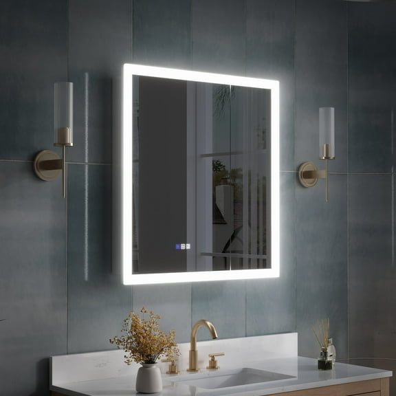 ANGELES HOME 30" x 32" LED Medicine Cabinet with Lights, 3X Magnify Makeup Mirror, Bathroom Vanity Mirror Cabinet with Storage, Defogger, Dimmable, Memory Function, Outlets & USB, Double Open Door