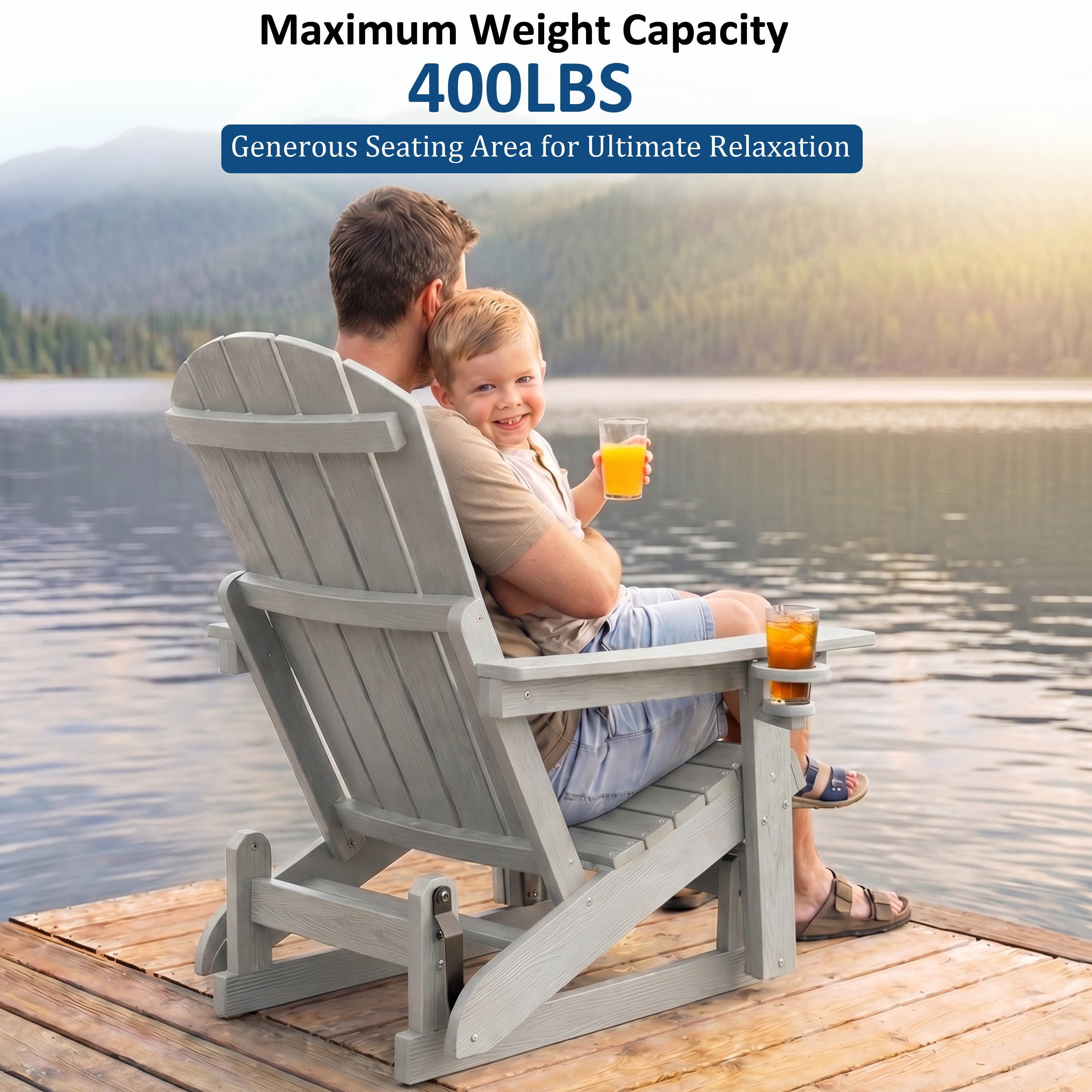 DEAUL HDPE Adirondack Outdoor Glider Chair, 3-Position Adjustable Backrest Patio Glider, All-Weather Heavy Duty Chair for Pool, Yard, Gray (1 PC)