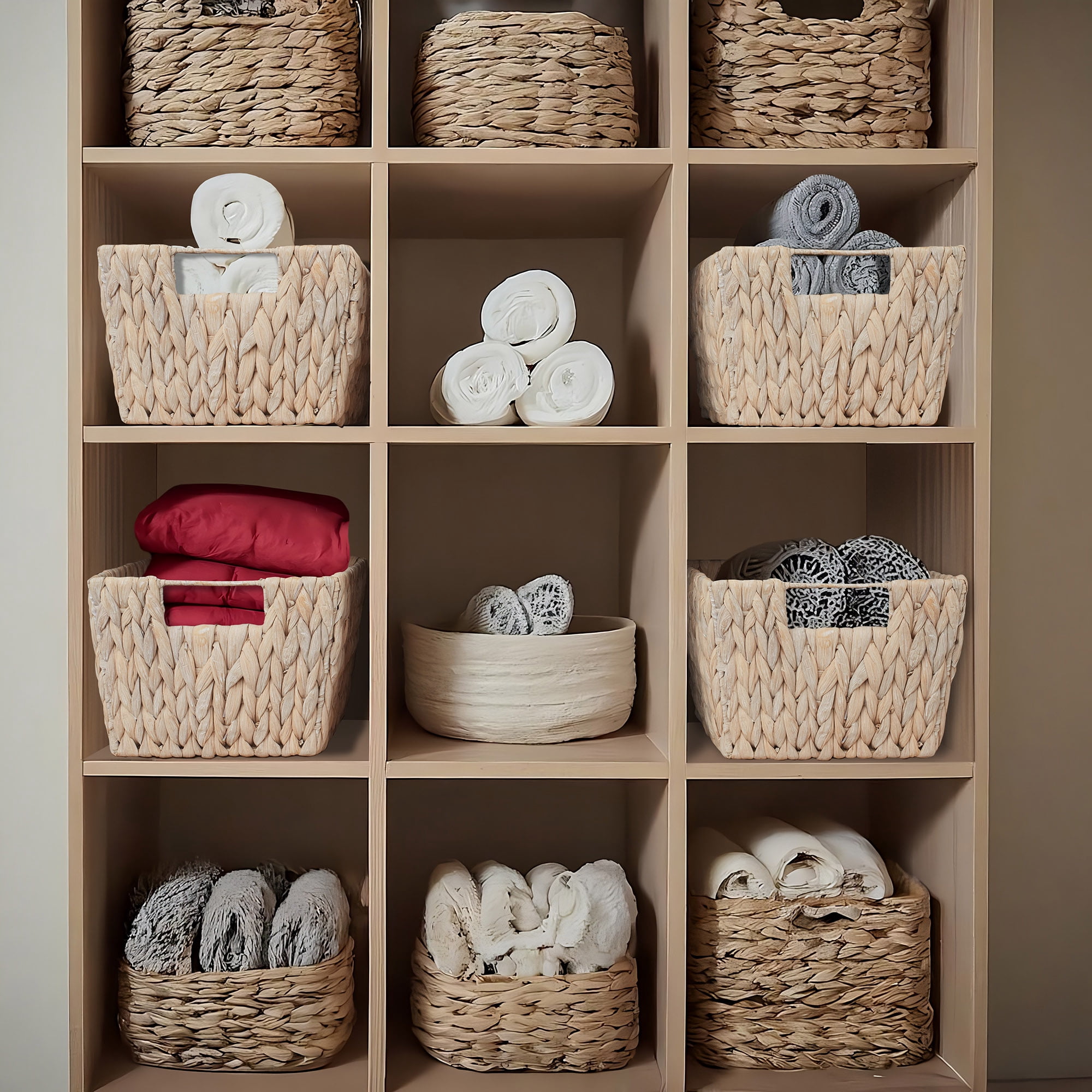 Casafield Set of 4 Water Hyacinth Storage Baskets with Handles - Whitewash White, 12" x 9" x 6" Rectangular Storage Shelf Bins, Blankets, Laundry