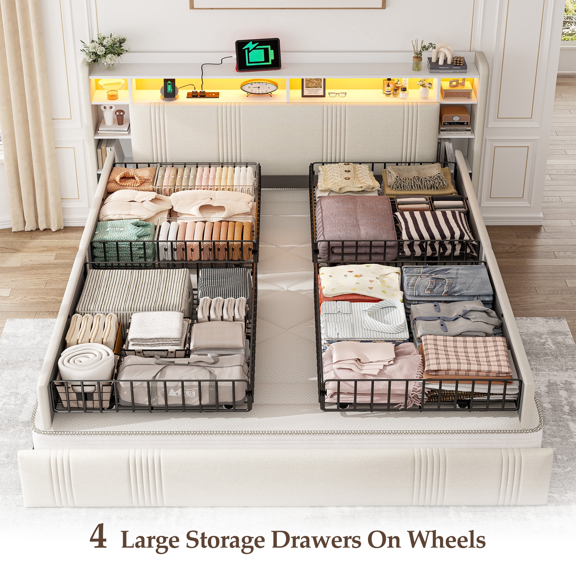 EnHomee King Size Bed Frame with 4 Drawers & 3-Tier Storage Shelf Upholstered Bed Frame King with Headboard & LED Lights & Charge Station,Beige