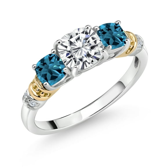 Gem Stone King 1.74 Cttw 925 Sterling Silver and 10K Yellow Gold IGI Certified Lab Grown Diamond and London Blue Topaz 3 Stone Ring for Women | Center 1 Ct Cushion Diamond | E-F | VS1-VS2 (Size 7)