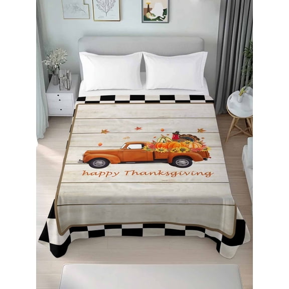Queen Size Flat Sheet Only,Happy Thanksgiving Truck Soft Top Bed Sheets Breathable Bedding Sheet Retro Black White Plaid Microfiber Hotel Luxury Top Sheets