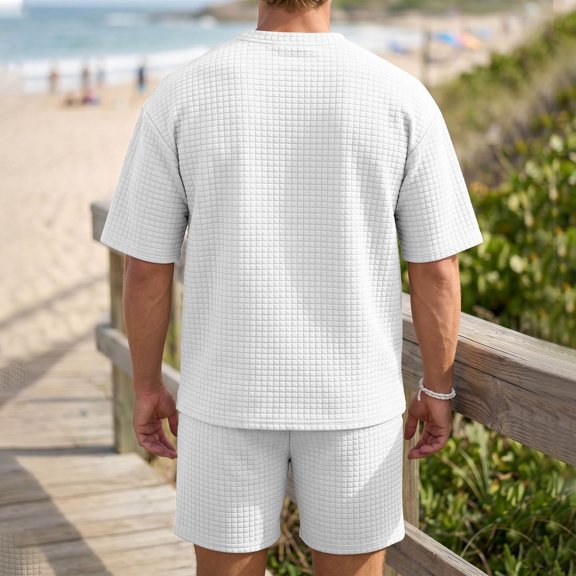 hotojiny Mens 2 Piece Outfits Summer Textured T-Shirt and Drawstring Shorts Set Comfortable Short Sleeve Travel Outfit(White,X-Large)