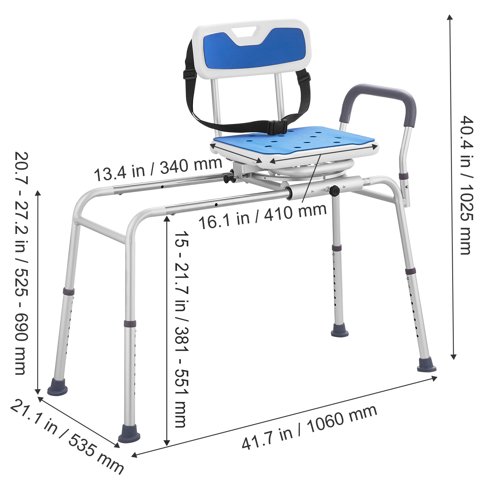 VEVOR Sliding Tub Transfer Bench with 360 Degree Swivel Seat, Height Adjustable Bathtub Transfer Bench with Armrest & Safety Belt, Non-Slip Rotating Shower Chair for Elderly Disabled