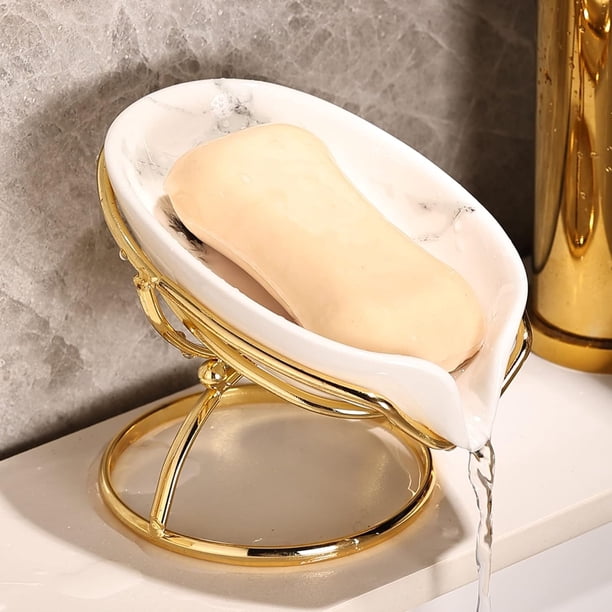 Jabonera de cerámica en forma de hoja con escurridor, soporte, protector, bandeja, jabonera, fácil de limpiar, para ducha, baño, cocina, fregadero, bañera, color blanco ecológico.