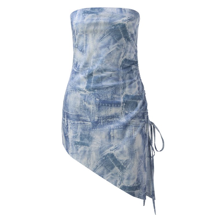 Women's Sexy Slit Tube Top Imitation Denim Print Dress Shirring Tie  Irregular Dress Floral Summer Dress, Blue, Small : : Clothing,  Shoes & Accessories