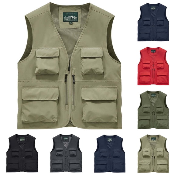 Men's Summer Fishing Utility Vest, Quick Dry Multi Zipper Pocket Sleeveless Jacket with Mesh Lining, Full Zip V-Neck for Photography, Hiking and Outdoor Activities, Big and Tall Size M-6XL Red