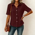 thumbnail image 5 of Women's Loose Fit Short Sleeve Button Up Flared Front Back Pleats Shirt Blouse Top Comfy Office Casual | CSEONE,Wine M, 5 of 7