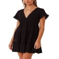 thumbnail image 2 of Mini-robe pour Femmes Manches Courtes V Cou Robe Décontractée Courte Coupe Ample Robe de Couleur Unie Sundresses Blanc L, 2 of 8
