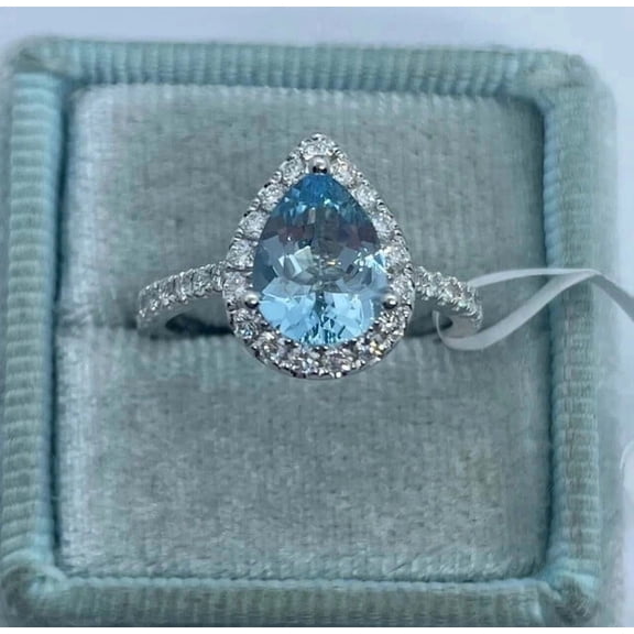 2.30Ct Pear Cut Simulated Aquamarine Halo Women's Engagement Gift Ring 14K White Gold Plated