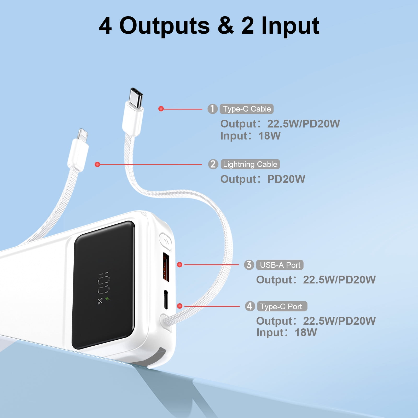 Yoobao Mini Power Bank PD20W Fast Charging with LED Display, 10000mAh USB-C in&Out Portable Charger with Built-in 2 Cables, 4 Outputs Travel Battery Pack for iPhone 16 15 Samsung iPad, White