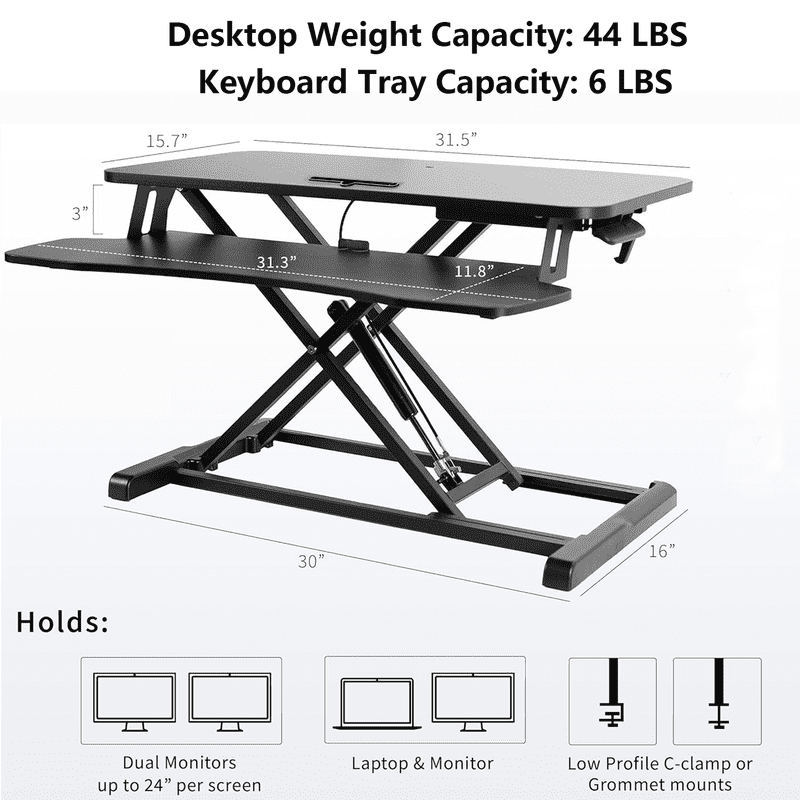 32" Standing Desk Converter with Removeable Keyboard Tray, Height Adjustable Stand Up Desk Riser, Sit to Stand Desk Risers for Dual Monitor and Laptop, 44LBS Weight Capacity, Black
