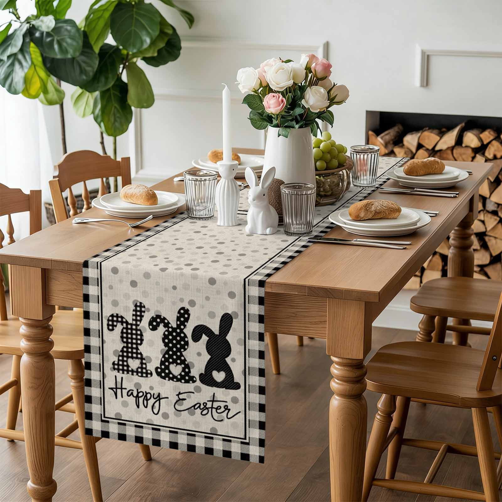 Happy Easter Table Runner, Black Bunny Polka Dots Black White Plaid Linen Texture Cotton Linen Kitchen Table Decoration Washable Dining Tabletop Runners for Home Party Decor 13x90 Inches