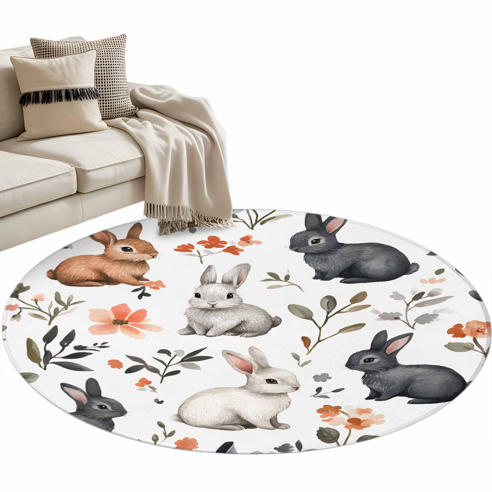 Round Area Rug 4ft Easter Watercolor Farm Rabbit Non-Slip Non-Shedding Floor Mat Spring Flower Bunny on White Washable Sturdy Carpet for Living Room Bedroom Home Decor