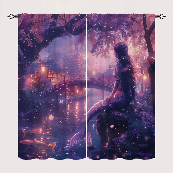 Mermaid Scales Blackout Curtains for Kid Girls Boys Bedroom, Cherry Blossoms Koi Pond Fantasy Rod Pocket Curtains for Bedroom Living Room, W84 x L84 Inch