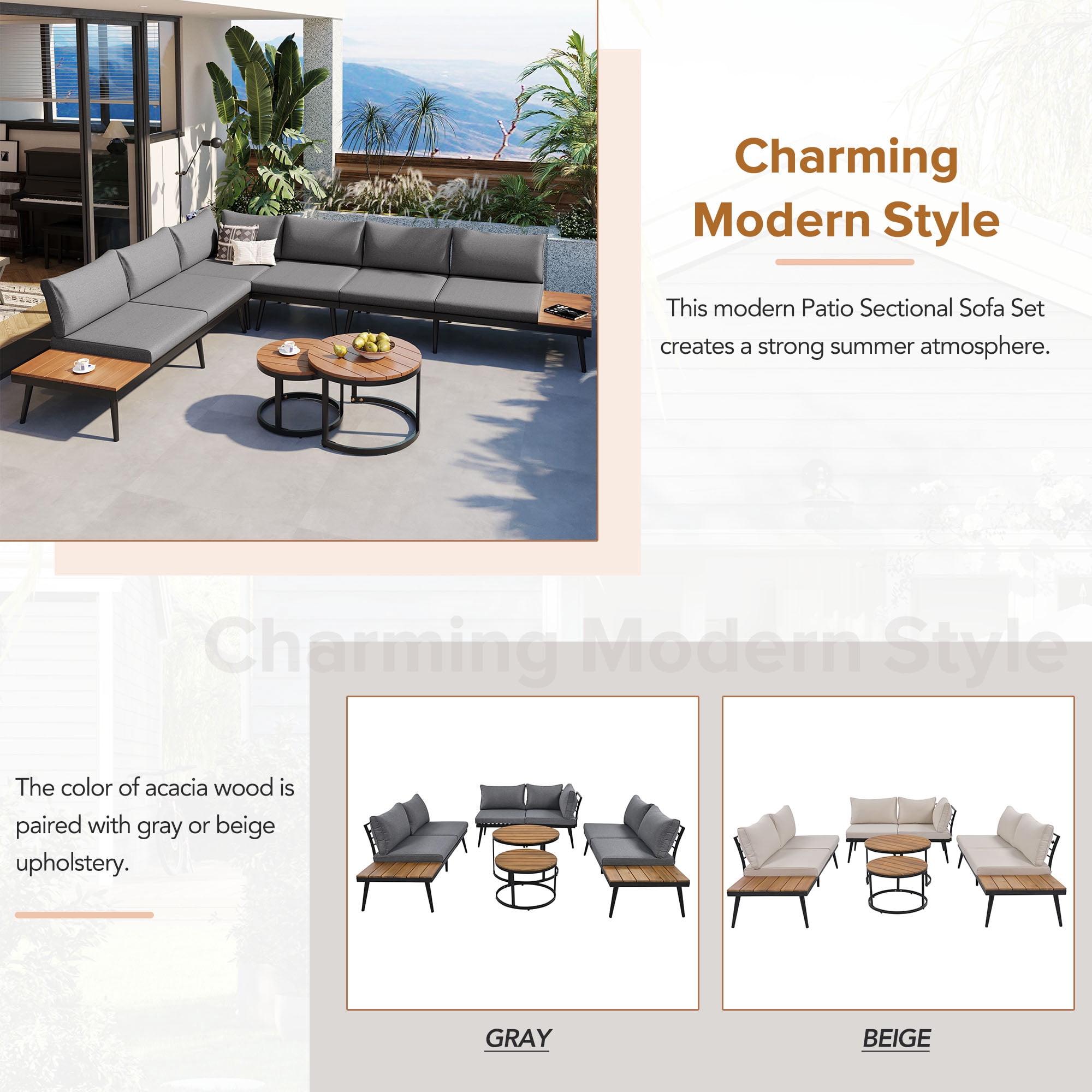 Harper & Bright Designs Metal Outdoor Sectional Furniture L Shape Patio Conversation Sets, 6 Pieces Patio Furniture Sets with Round Nesting Coffee Tables for Garden, Backyard and Porch