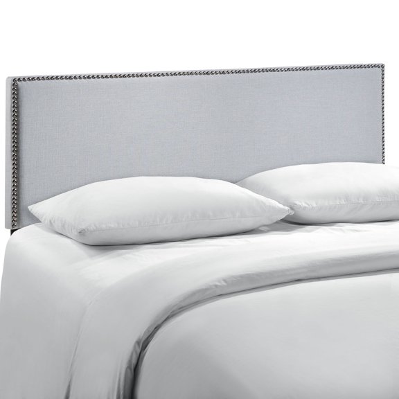 Modern Contemporary Queen Size Nailhead Upholstered Headboard, Grey Fabric