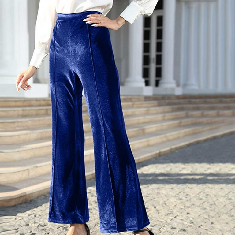 JWZUY Women's Velvet Pants Elegant High Waist Flare Leg Office Work Pants  Blue L