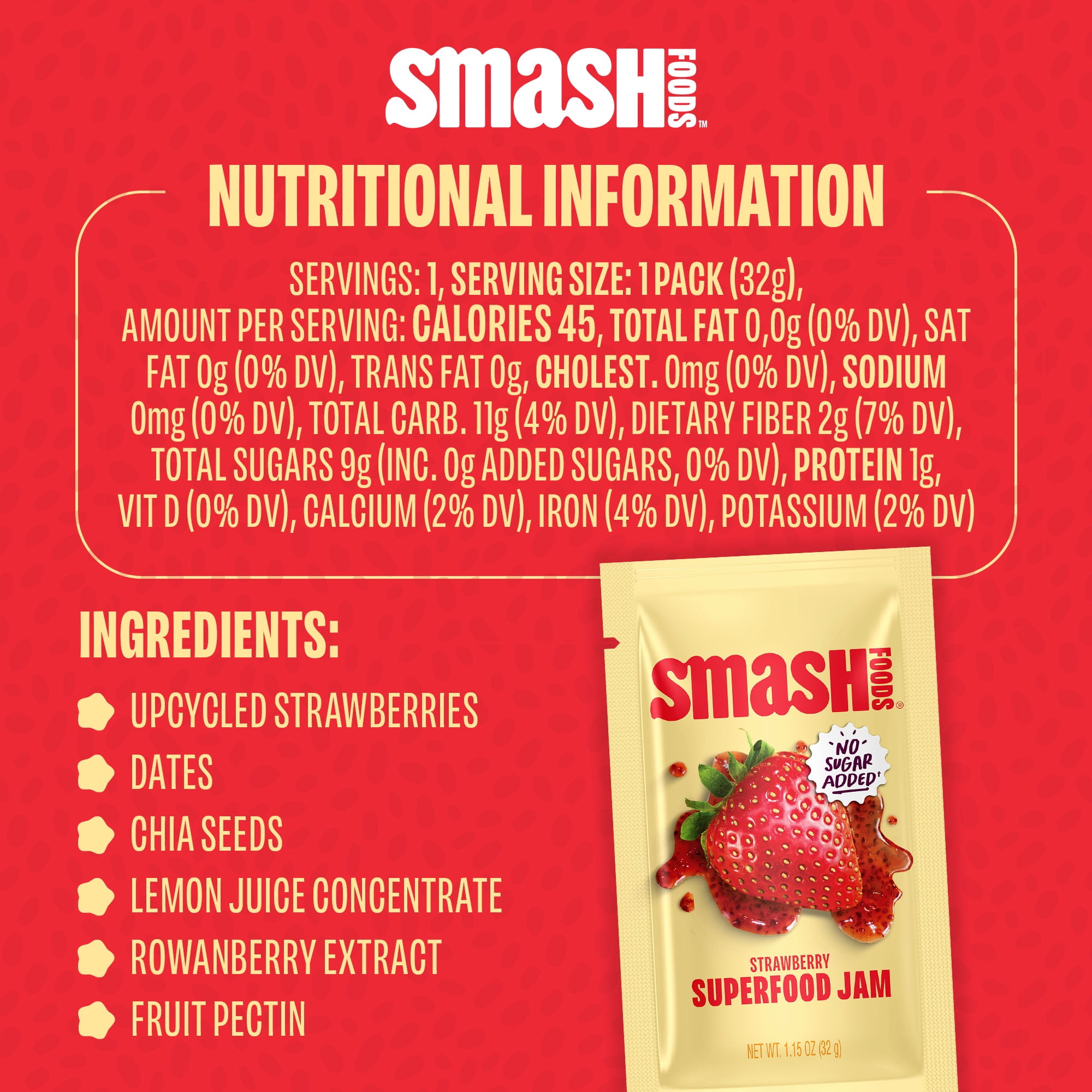Smash Foods Strawberry Jam Packets, No Sugar Added, Keto, Vegan, 10 Count