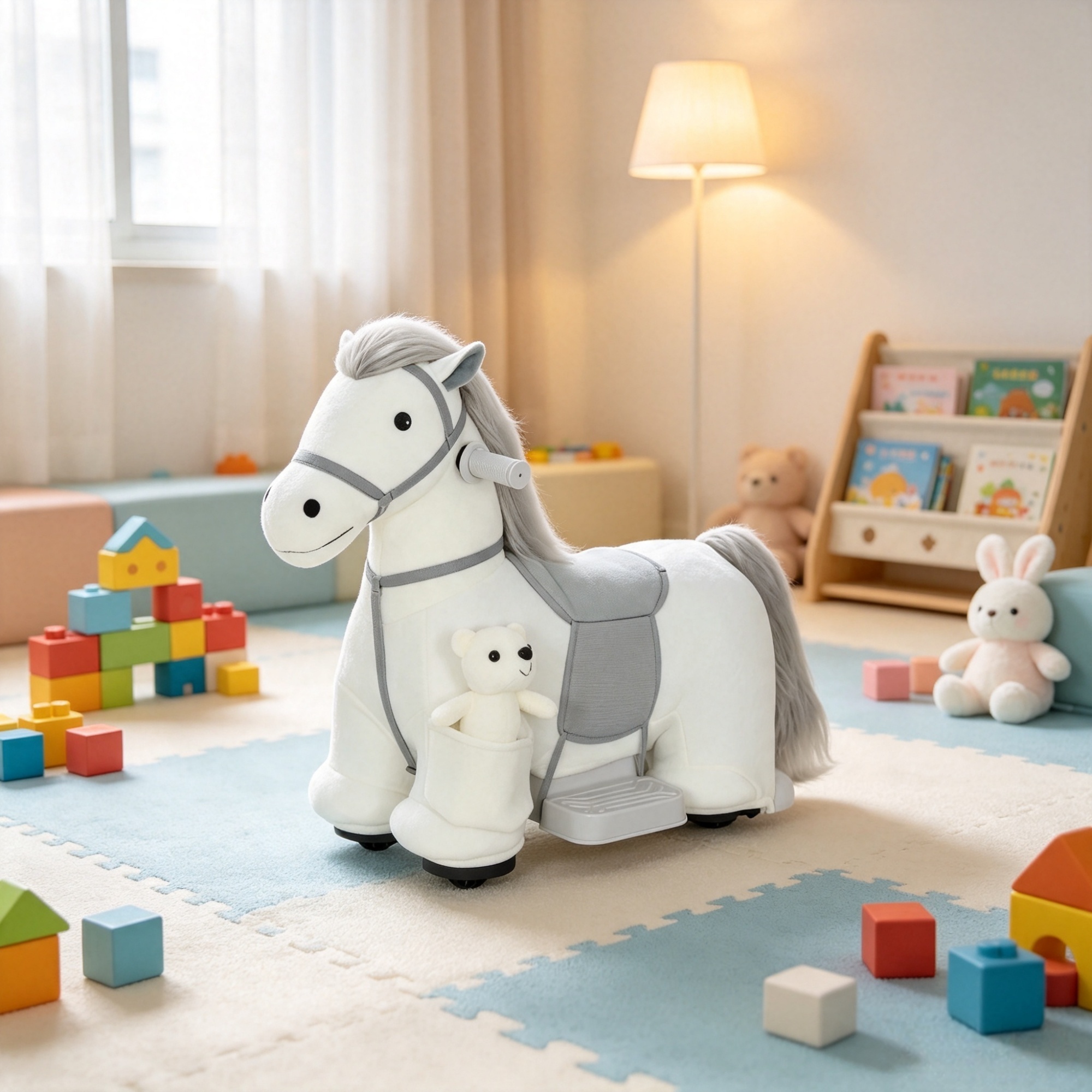 6V Battery Powered Kids Ride On Pony, Electric Ride On Horse, with Bear Toy, Music, for 1.5-5 Years Old