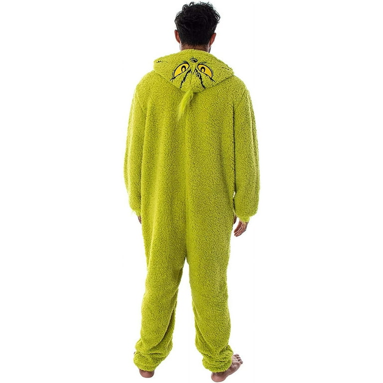 The Grinch Men s Fuzzy Plush Warm Holiday Hooded Union Suit Pajamas Green XL