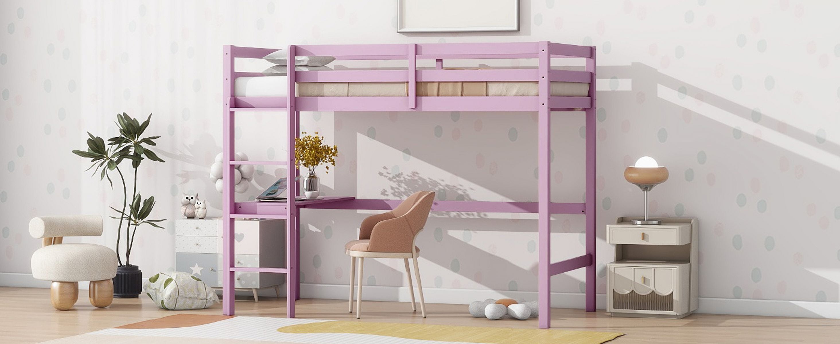 Twin High Loft Bed, Rubber Wood Loft Bed With Safety Guardrail, Built-In Desk, Ladder, Pink