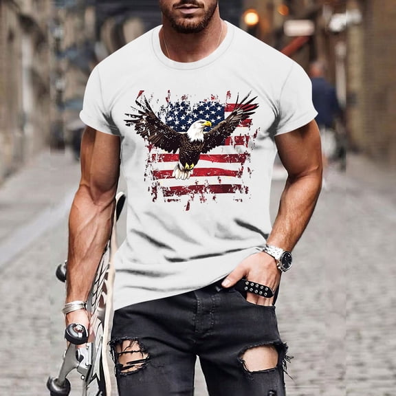 Goodtrade8 Men's Summer Tshirts July 4th Red White and Blue Pullover Independence Day Short Sleeve Patriotic Outdoor Tops for Men Crew Neck